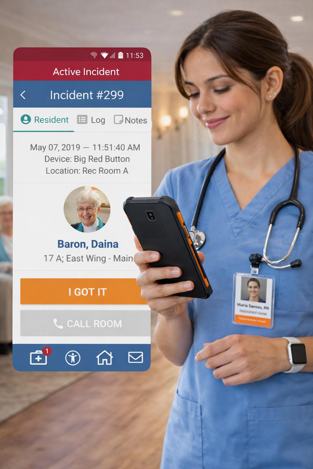 Caregiver responding to a resident alert on the SimplySmart mobile app